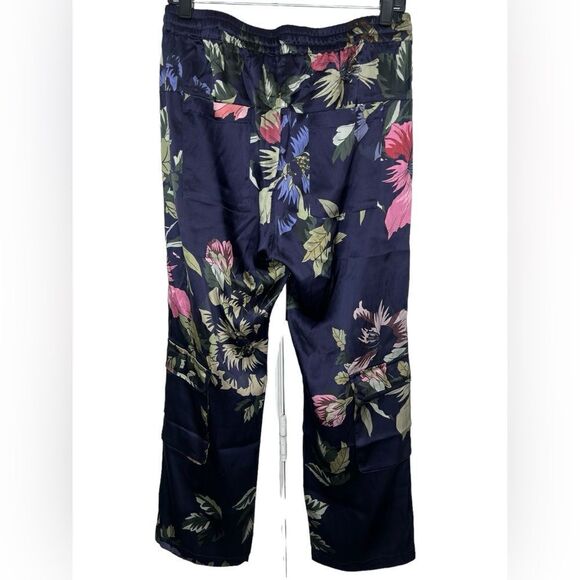 Johnny Was Biya Navy Blue Multi Silk Floral Wide Leg Cargo Chiome Pants Small - Picture 3 of 13